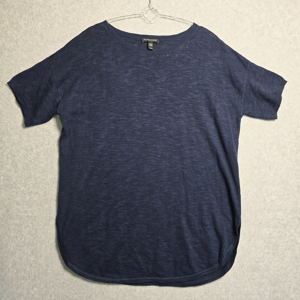 Eileen Fisher Petite PS Knit Pullover Preppy Linen Blend Top Sweater Scoop Hem